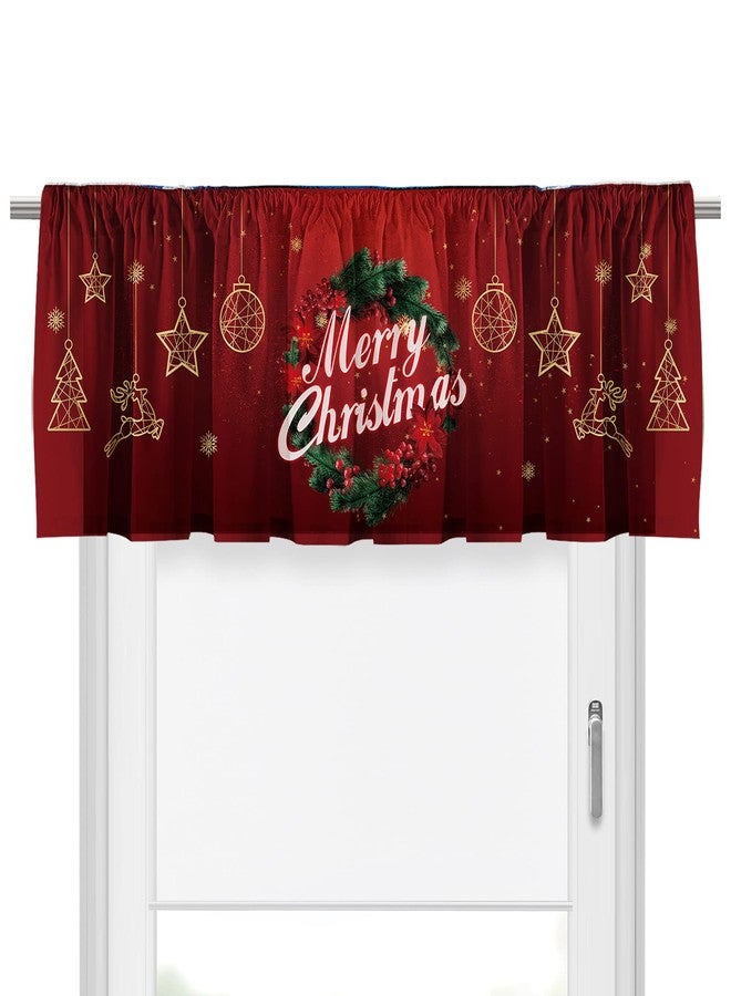 Deztibos Christmas Holly Wreath Kitchen Curtain Valance 52x18inch with Rod Pocket Half Short Red Ornaments Star Deer Laundry Cutain Topper Window Valance - Image 1